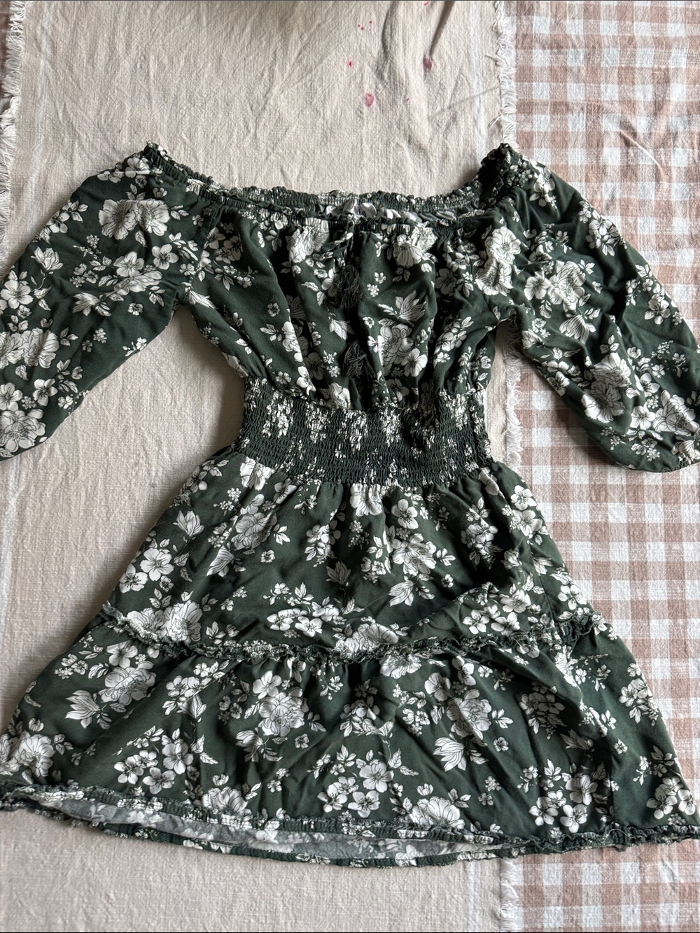 Green Floral Off-Shoulder Smocked Waist Dress